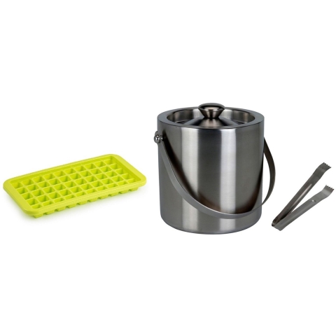 Excellent Houseware RVS ijsemmer - met tang - 15x18 cm - en 2x cocktails ijsblokjes trays -