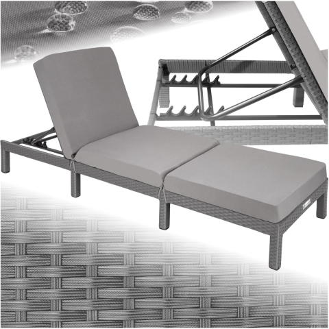 Tectake® Luxe wicker tuinligstoel - 5 verstelbare rugleuningposities - onderhoudsvriendelijk - grijs