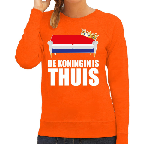Koningsdag sweater de Koningin is thuis oranje voor dames 2XL -