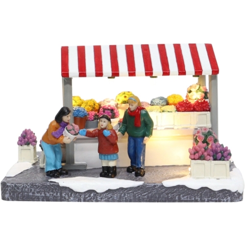 Market Stall Flowers with Customers with LED Polyresin 19cm Santaville - Santaville