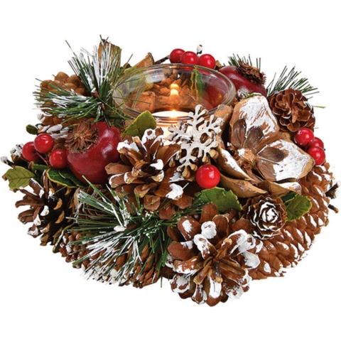 Kaarsenhouder ornament - bruin/rood - hout - 18 cm -