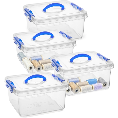 Opslagbox met deksel - 4x - transparant blauw - 5 liter - 24 x 24 x 13 cm - kunststof -