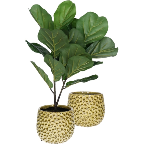 Plantenpot/bloempot Pebblo - 2x - keramiek/geglazuurd?- geel - druppels - D15 x H13 cm -