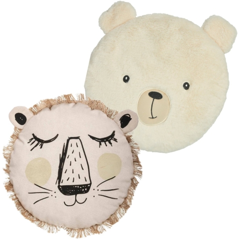 Dieren sierkussens kinderkamer - ijsbeer en leeuw - 30/27 cm - polyester -