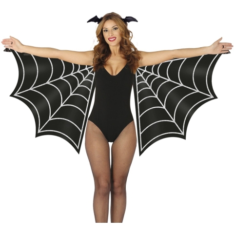 Verkleed vleugels en diadeem vleermuis - zwart - dierenpak - 170 x 80 cm - dames - Halloween -