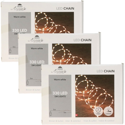 Draadverlichting lichtsnoer - 3x - 330 leds - warm wit - zilver draad - 500 cm - lichtdraad -