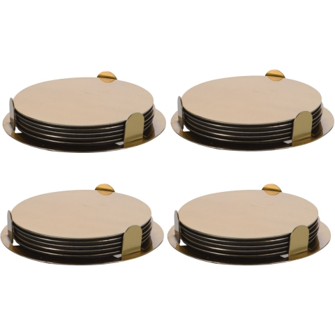 Bellatio Design Onderzetters - 24x - goud - rvs - 8,5 cm - met houder - schuimlaag -