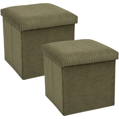 Poef/hocker - 2x - opbergbox - rib - groen - polyester - 38 x 38 cm -