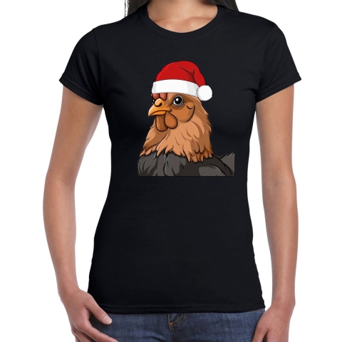 Kerst T-shirt voor dames - kip met kerstmuts - zwart - Kerstfeest 2XL -