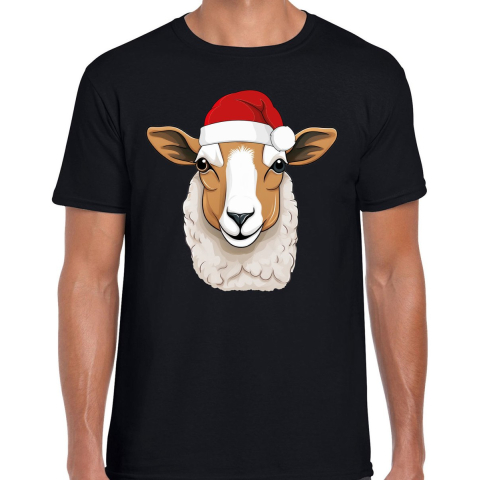Kerst T-shirt voor heren - schaap met kerstmuts - zwart - Kerstfeest S -