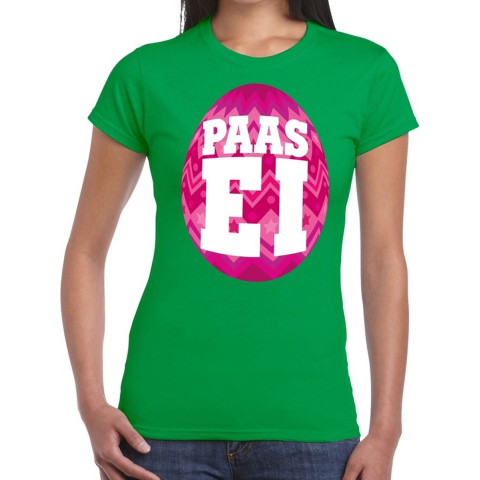 Paasei t-shirt groen met roze ei voor dames M -