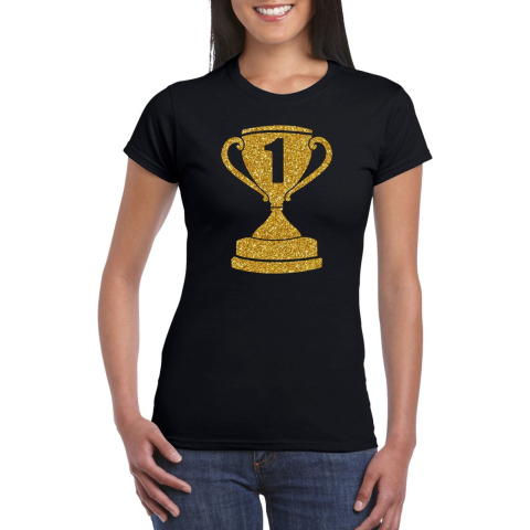 Gouden kampioens beker / nummer 1 t-shirt / kleding zwart dames S -