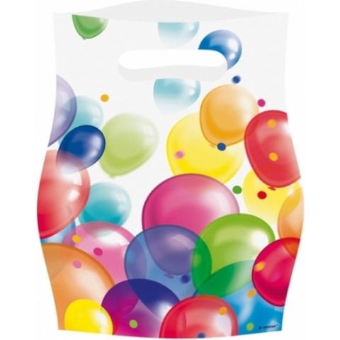 48x Feestzakjes met ballonnenopdruk plastic 16x23cm -