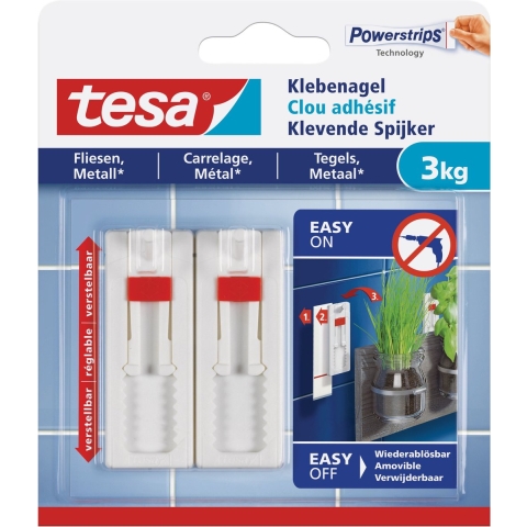 Tesa klevende spijker - 6x - wit - verstelbaar - 3 kg - tegels/metaal -