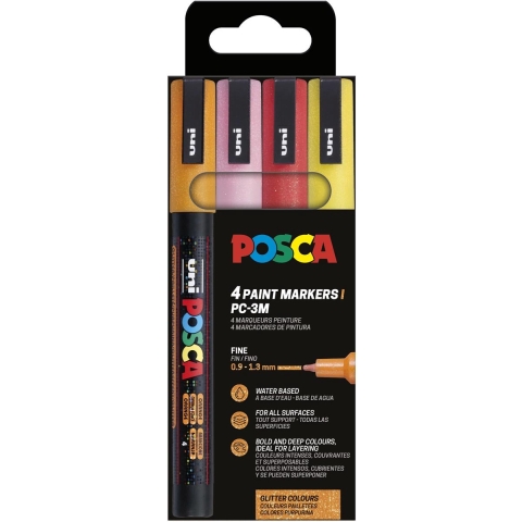 Posca Markers - PC-3M - 4 st. - Oranje/Roze/Rood/Geel m. Glitter - Posca - OneSize - Marker