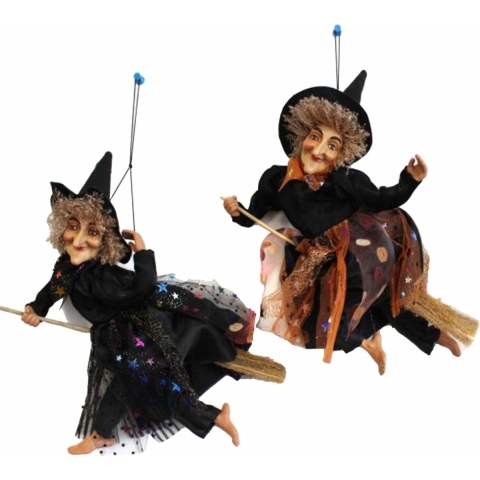 Set van 2x Halloween decoratie heksen pop op bezem - 30 cm - zwart/bruin -