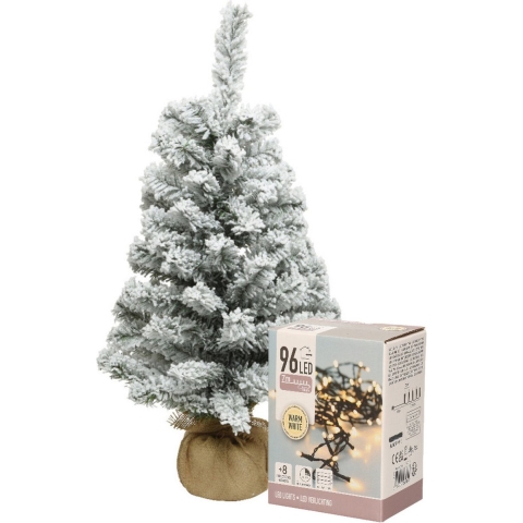 Mini kerstboom - besneeuwd - H60 cm - met kerstverlichting - warm wit - kunstboom -