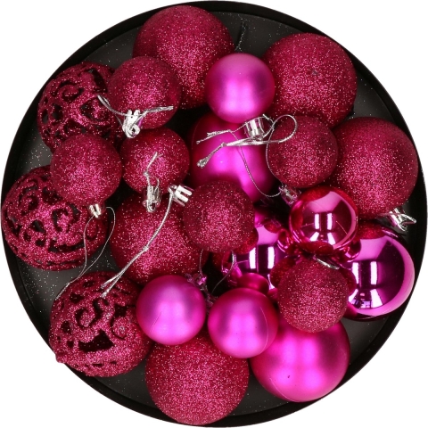 Kerstballen - 50x stuks - felroze - 3, 4, 6 cm - kunststof - mat/glans/glitter -