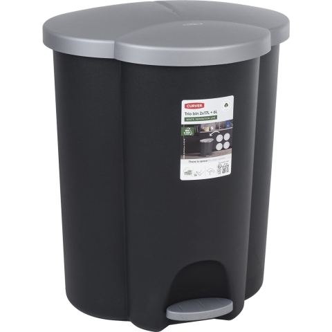 CURVER TRIO - Afvalbak 40L - 3 compartimenten met pedaal - Zwart met grijs