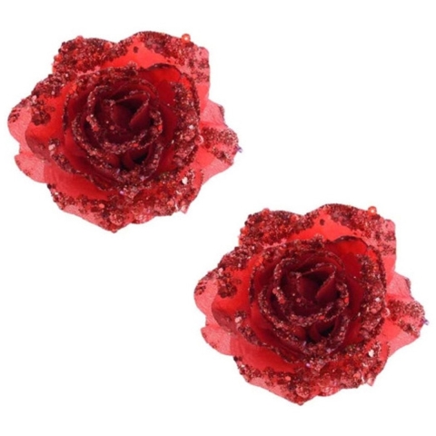 Kerstboomversiering Bloem - 8x stuks - 14 cm - rood - op clip - ornament - roos -