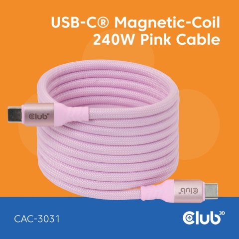 Club 3D USB-C Magnetic-Coil 240W PD3.1 Pink Cable, 2 meter kabel