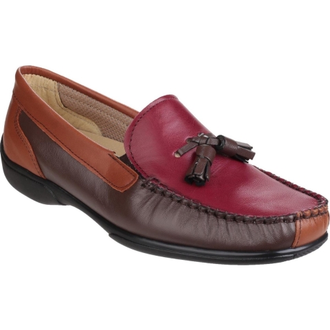Cotswold Biddlestone Leren Dames Loafers In Kastanjebruin/Tan/Wijnrood