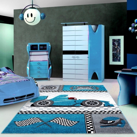 Muratap Kids formule 1 vloerkleed kinderkamer blauw / grijs laagpolig- 160x230 cm