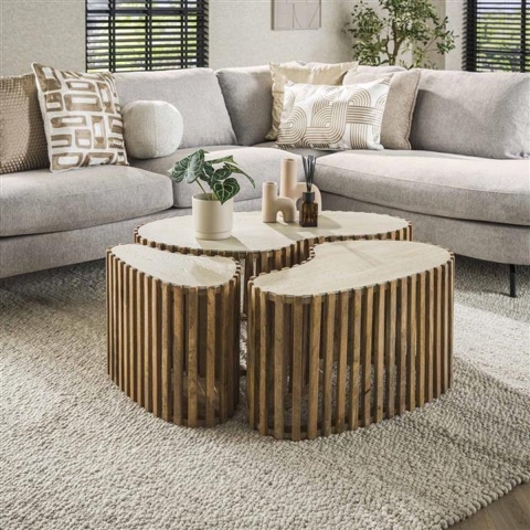 Hoyz salontafel set-3 niervorm nuovo travertin massief mango