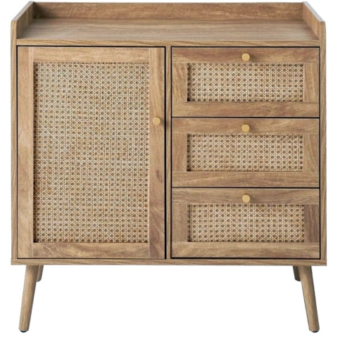 CaliCosy Commode met 1 deur en 3 lades, rotan fronten en houten poten, l80 cm palmo