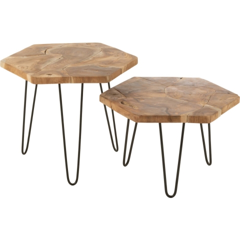 J-Line Set of 2 side table hexagone teak wood/metal natural