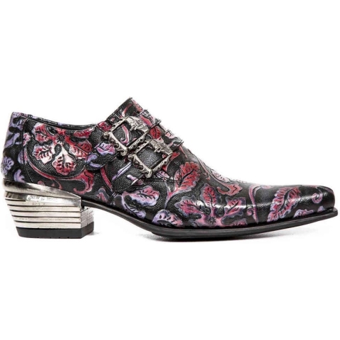 New Rock vintage blauwe leren schoenen met bloemengesp-7960-S7