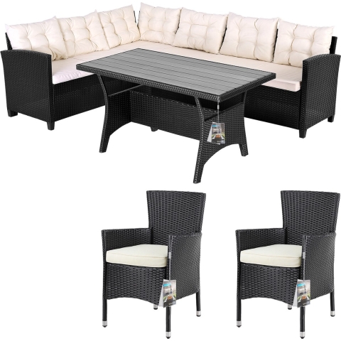 Polyrotan Loungeset Lissabon Crème/Zwart incl 2 Stoelen