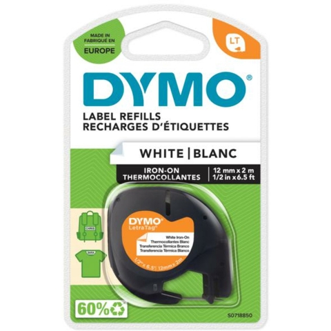 DYMO LetraTag Lettertape 12mm x 2m Opstrijkbaar Zwart Wit