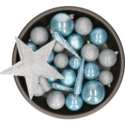 Decoris kerstballen set - 34-dlg - lichtblauw - incl. piek - kunststof - kerstversiering -