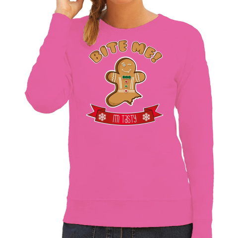 Foute Kersttrui / sweater voor dames - Gingerbread koekemannetje - roze - Bite Me XS -