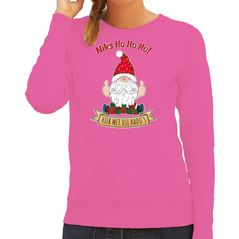 Foute Kersttrui/sweater voor dames - Kado Gnoom - roze - Kerst kabouter L -