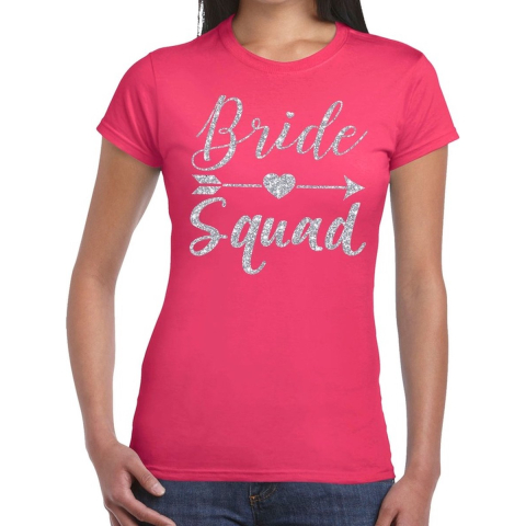 Bride Squad Cupido zilver glitter t-shirt roze dames M -