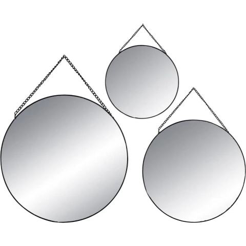 Wandspiegels - set van 3x st - rond - zwart - metaal - met ketting - spiegels -