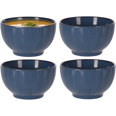 Soepkom Fishbone - 4x - blauw - 14 x 8 cm - keramiek - kommetjes - 680 ml -
