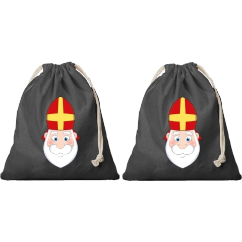 Canvas Sinterklaas snoep strooizak - 4x - cadeauzakje - zwart - met koordje - 25 x 30 cm -