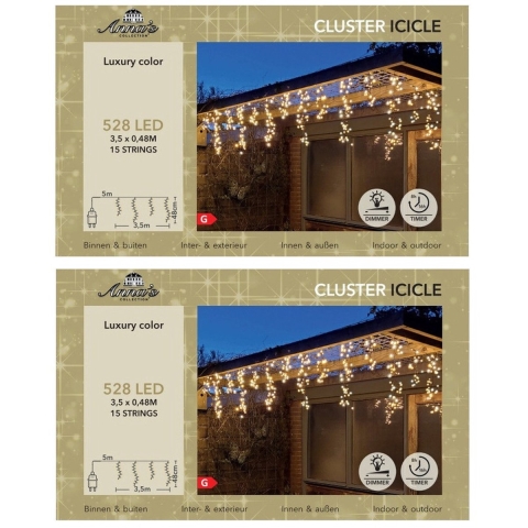 Ijspegelverlichting - 2x - 528 led lampjes - warm wit - 350 cm - timer en dimmer - cluster lichtsnoe -