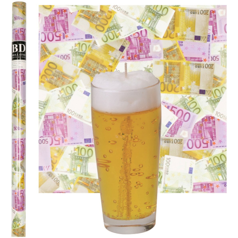 Bier Fluitje Kaars - H13 cm met Euro Geld Cadeaupapier - vaderdag - opa - oom -