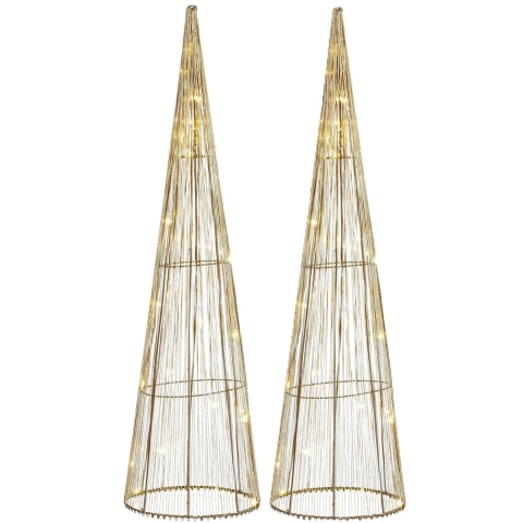 Mica Decorations LED kegel - 2x - kerstboom lamp - goud - polyester/metaal - H60 cm -
