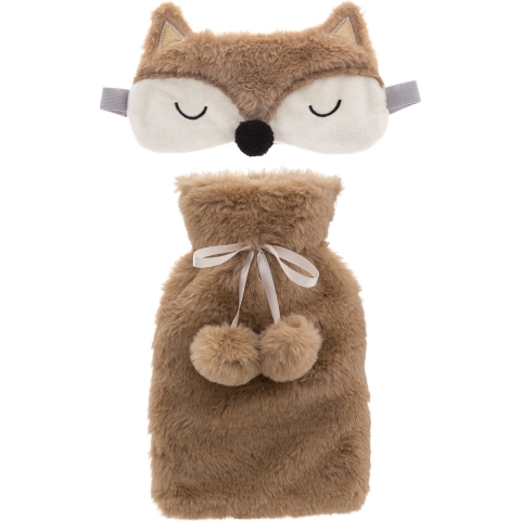 Superzachte fluffy vos warmwaterkruik en slaapmasker cadeau set bruin -