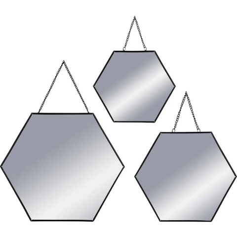 Wandspiegels - hexagons - 3x st - zwart metaal - met ketting - spiegels -