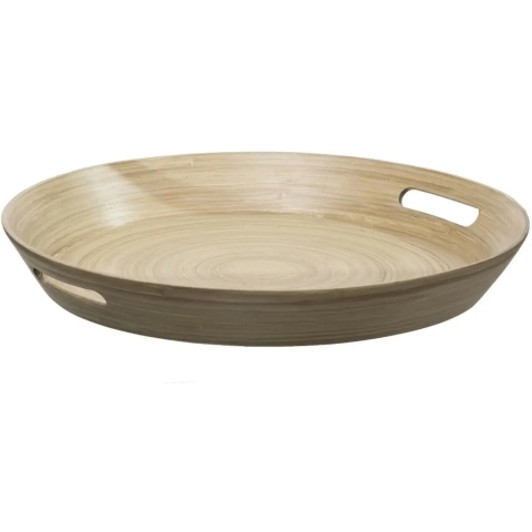 5Five Dienblad/serveerblad rond - D42 cm - bamboe hout - bruin - met handvaten - Dienbladen -