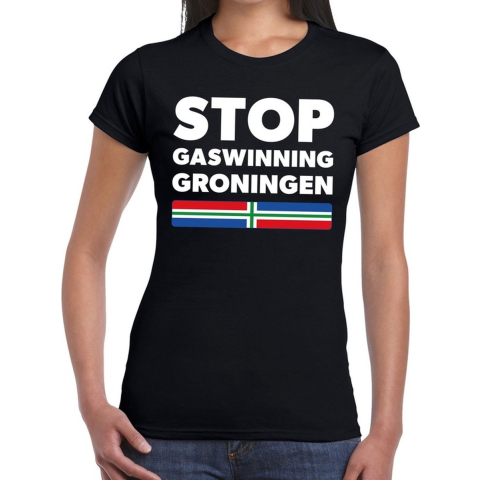Groningen protest t-shirt STOP gaswinning zwart voor dames S -