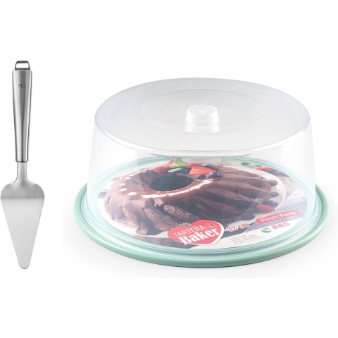Taart/gebakjes vershoud bewaardoos - rond - bodem mintgroen - met taartschep rvs 27 cm -