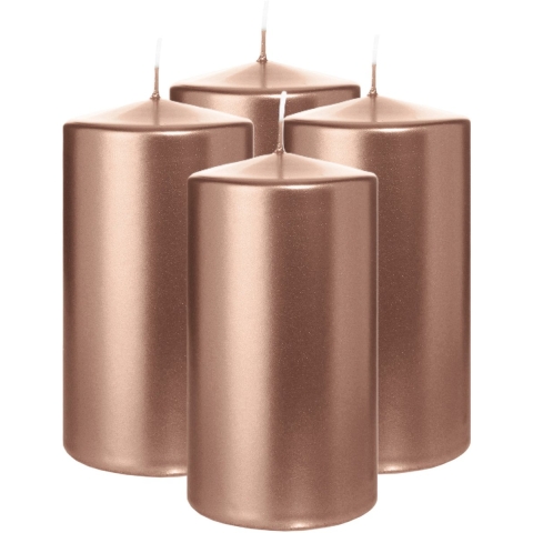 Cilinderkaars/stompkaars - 4x - metallic ros?goud - 13 x 7 cm - 52 branduren -