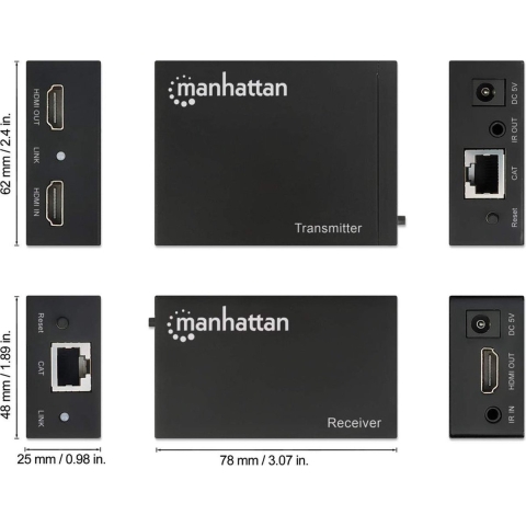 Manhattan 207461 Extender (verlenging) HDMI, LAN (10/100/1000 MBit/s) Via netwerkkabel RJ45 50 m